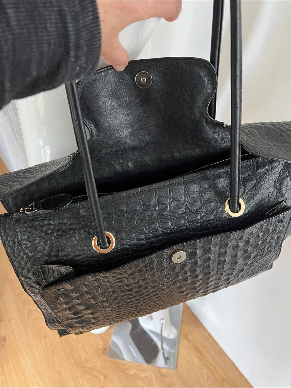 Enrico Coveri Leather Croc Large Zip and Flap Shoulder Tote Bag  Made in Italy